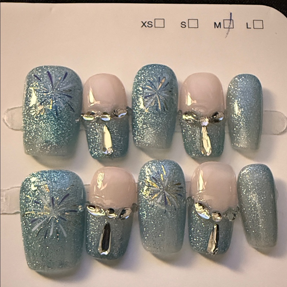 Blue and Silver Glitter Press-On Nails Medium Short Reusable